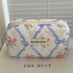 Bow Print Soft zipper Lid Make Up Bag: Pink / Large