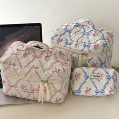 Bow Print Soft Make Up Bag: Blue: Medium