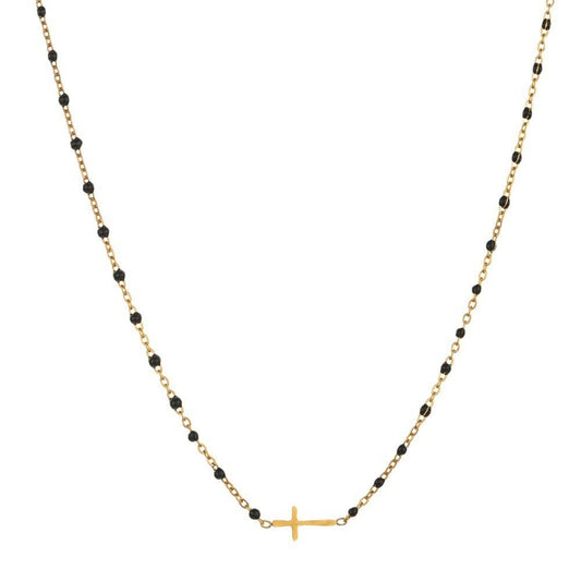 18K Stainless Steel Dainty Beaded Cross Necklace | Black