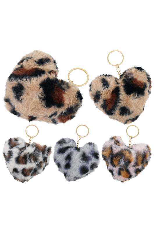 Assorted Leopard Patterned Heart Faux Fur Pom Pom Key Chain: ASSORTED / ONE SIZE