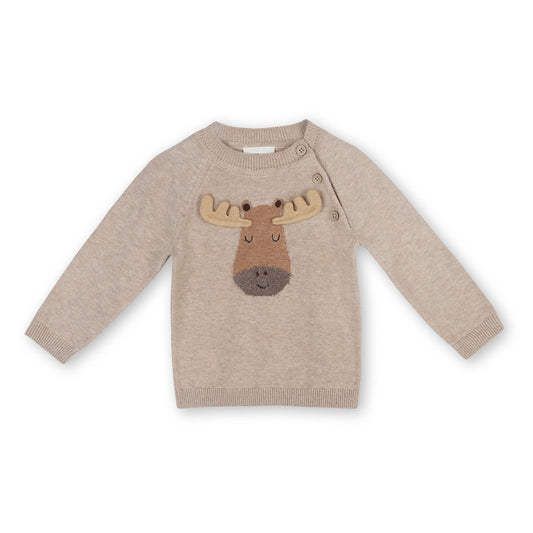 Moose Applique Raglan Baby Pullover Sweater (Organic Cotton): Oat Heather / 6-12M