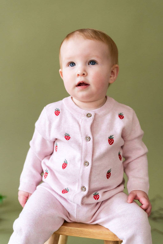 Strawberry Embroidered Knit Baby Cardigan (Organic Cotton): Pink Heather / 6-12M