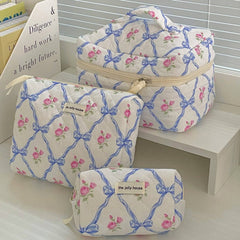 Bow Print Soft Make Up Bag: Blue: Medium