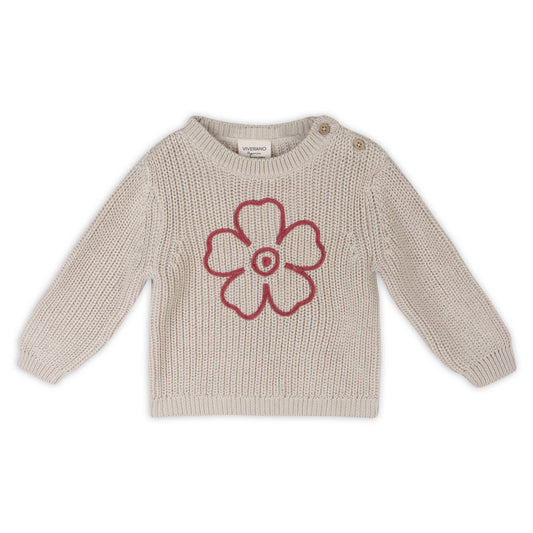 Hippie Flower Embroidered Chunky Knit Baby Sweater - Organic: Stone / 6-12M