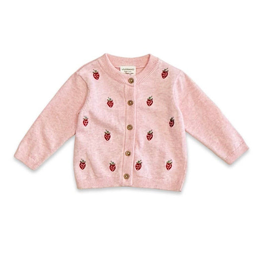 Strawberry Embroidered Knit Baby Cardigan (Organic Cotton): Pink Heather / 6-12M