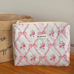 Bow Print Soft zipper Lid Make Up Bag: Pink / Large