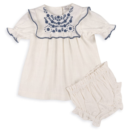 Cadence Floral Embroidered Baby Dress + Bloomer (Organic): Coconut Milk / 12-18M