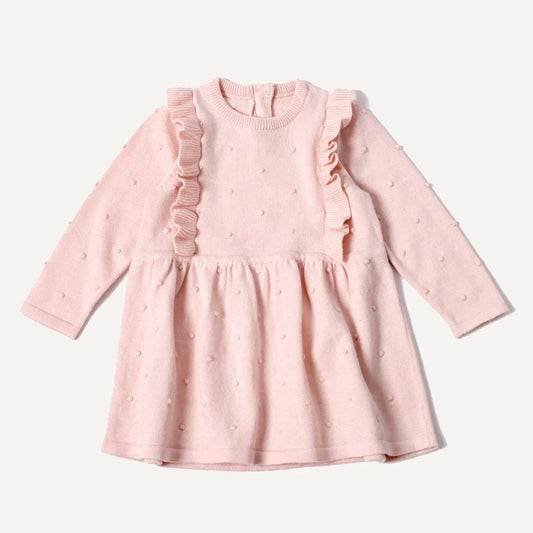 Milan Ruffle Bobble Baby Sweater Knit Dress (Organic Cotton): Blush/ 6-12M