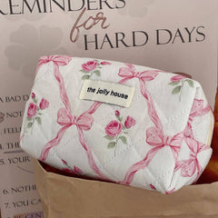 Bow Print Soft Make Up Bag: Blue: Medium