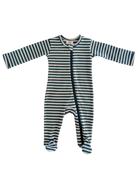 Steel Blue Stripe / Organic Ribbed Zip Footie: 3-6M