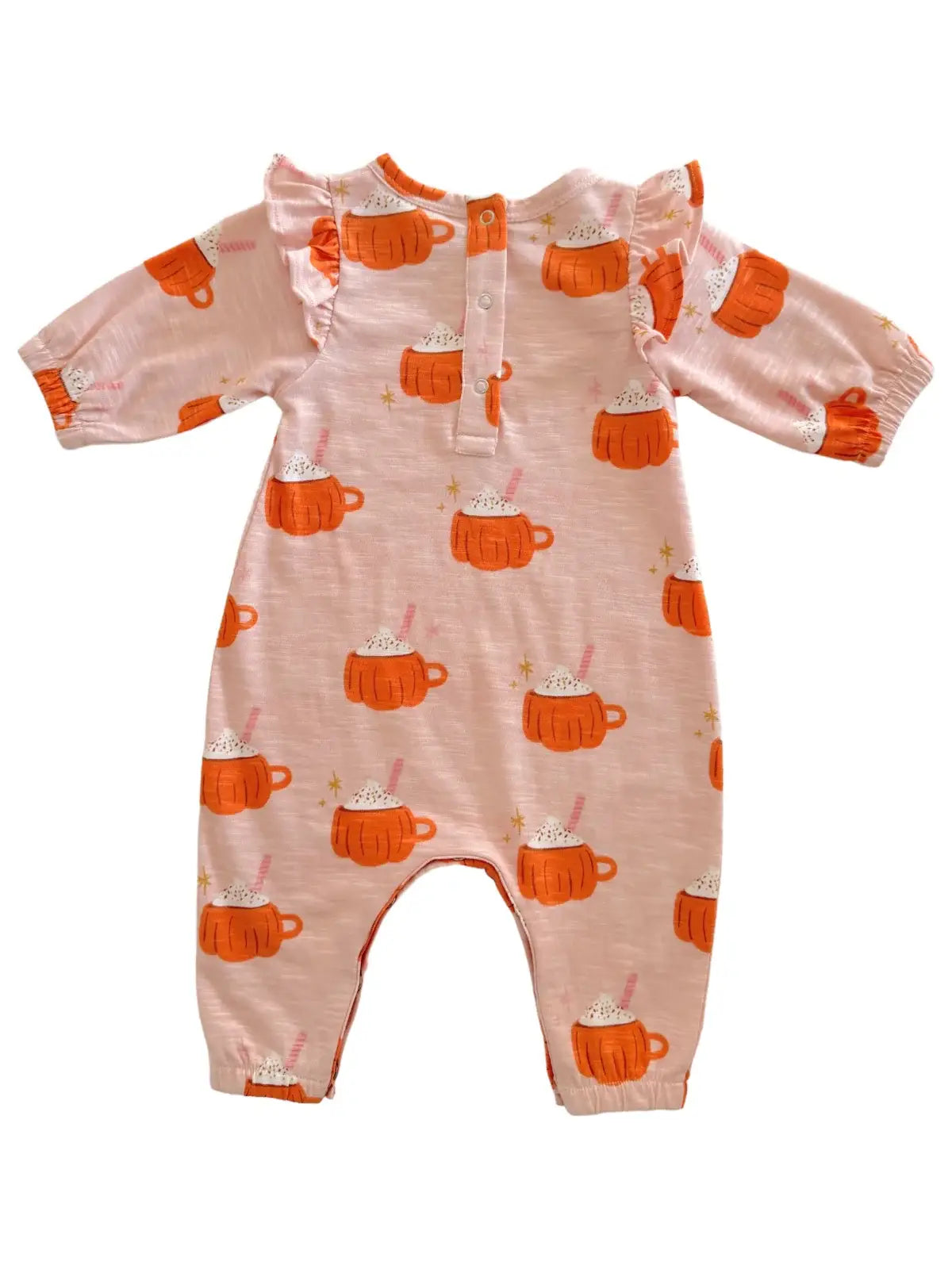 Pumpkin Mug Pink / Organic Long Sleeve Ruffle Jumpsuit: 6-12M