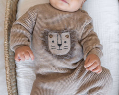 Lion Applique Chunky Sweater Knit Baby Jumpsuit (Organic): Oat Heather / 0-3M