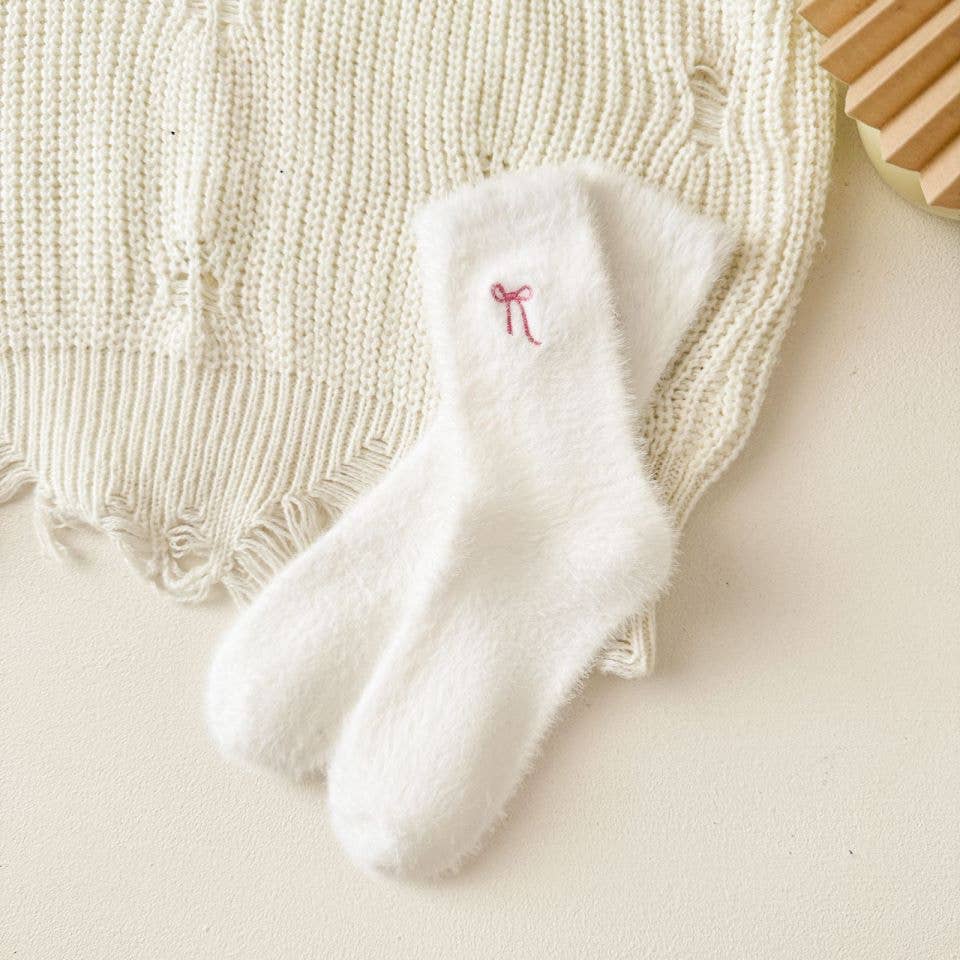 Winter Bow Embroidered Thick Plush Crew Socks DP25G601: White / One Size