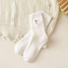 Winter Bow Embroidered Thick Plush Crew Socks DP25G601: White / One Size