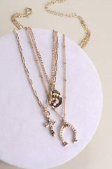 Trio Layer Necklace - Gold Horseshoe + Cross + Hat