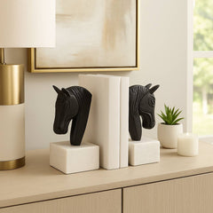 Bookends Set of 2 - White/Black Metal Horse Head, 7 in.
