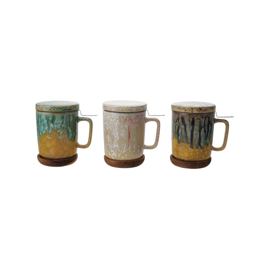 10 oz. Mug with Strainer, Lid & Saucer, Set of 3, 3 Styles (Each Varies)