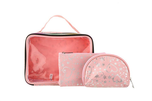 3 Piece Set: Clear and Pink Cosmetic Bags