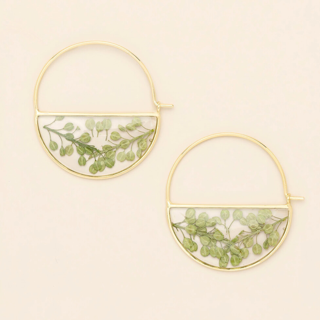 Pressed Flower Hoop Earring - Green Peppergrass/Gold