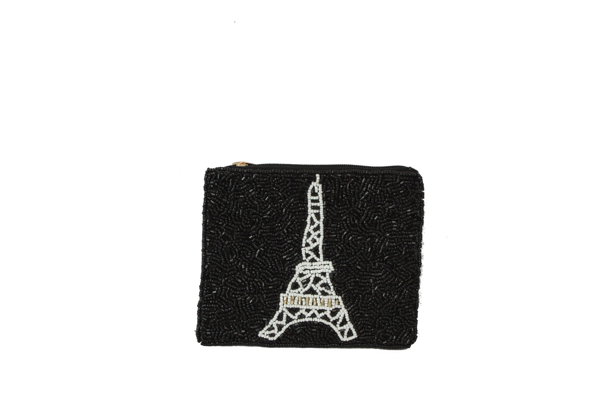 Black Fully Beaded Eiffel Tower Theme Coin Purse