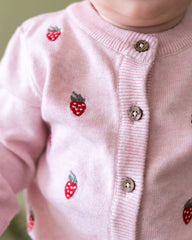 Strawberry Embroidered Knit Baby Cardigan (Organic Cotton): Pink Heather / 6-12M