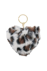 Assorted Leopard Patterned Heart Faux Fur Pom Pom Key Chain: ASSORTED / ONE SIZE