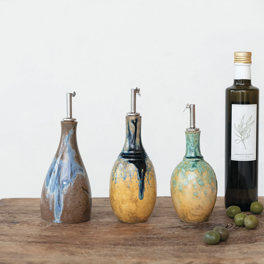 10 oz. Stoneware Oil Cruet, 3 Styles (Each One Will Vary)