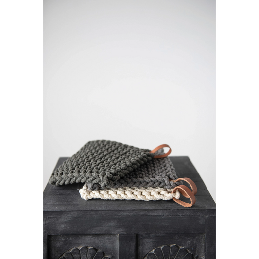 Crocheted Pot Holder with Leather Loop, 3 Colors
