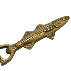 Cast Aluminum Fish Shaped Bottle Opener, Antique Gold Finish