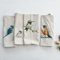 Cotton & Linen Printed Tea Towel w/ Bird, 4 Styles ©