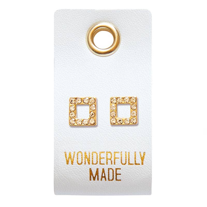 Leather Tag Earrings - Square "Wonderfully Made"