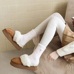 Winter Bow Embroidered Thick Plush Crew Socks DP25G601: White / One Size