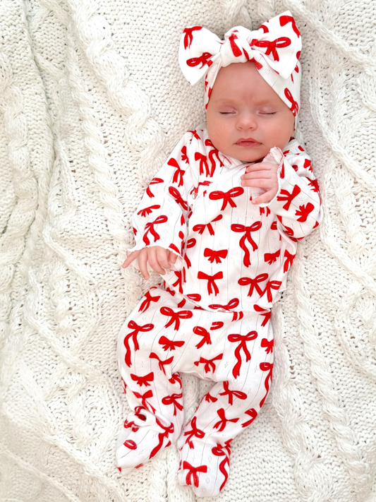 Red Bows / Organic Pointelle Newborn Set: 0 - 3 mo.
