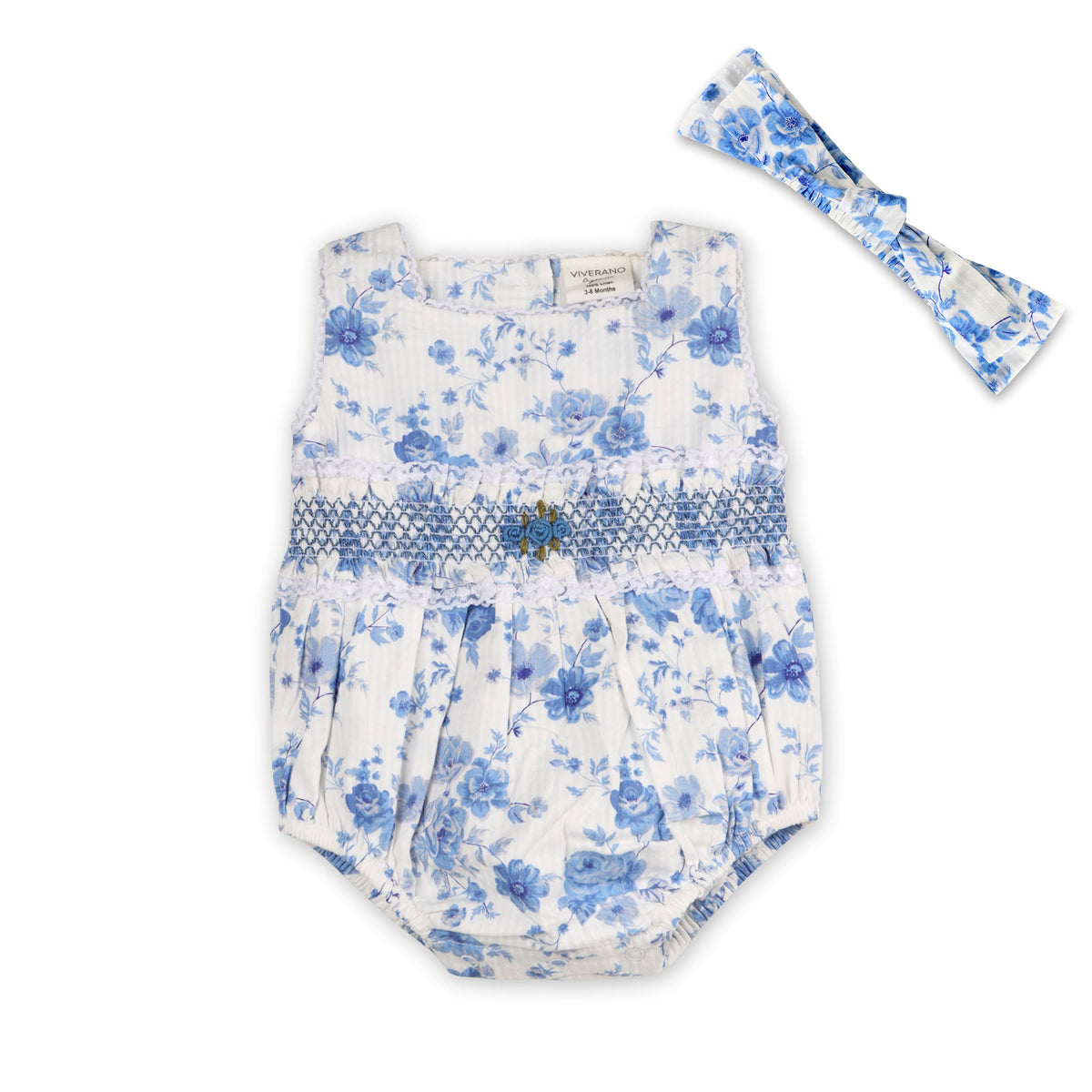 Capri Seersucker Baby Bubble Romper + Headband (Organic): Blue Floral / 3-6M