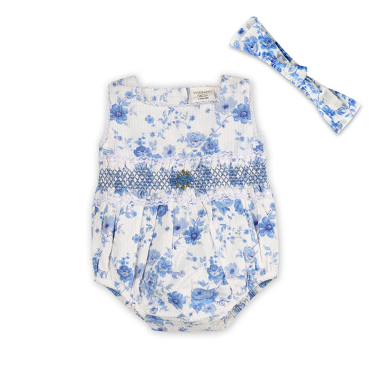 Capri Seersucker Baby Bubble Romper + Headband (Organic): Blue Floral / 3-6M