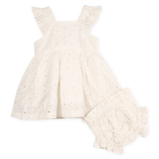 Lily Schiffli Floral Baby Girl Dress & Bloomer (Organic): Off White / 18-24M