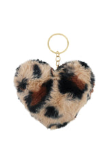 Assorted Leopard Patterned Heart Faux Fur Pom Pom Key Chain: ASSORTED / ONE SIZE
