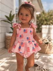 Muslin Smocked Bubble w/ Skirt, American Flag Pink: 12 - 18 mo.