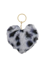 Assorted Leopard Patterned Heart Faux Fur Pom Pom Key Chain: ASSORTED / ONE SIZE