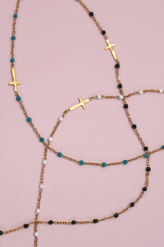 18K Stainless Steel Dainty Beaded Cross Necklace | Black