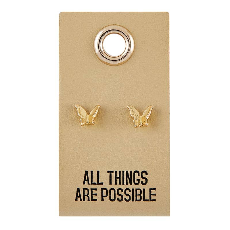 Leather Tag Earrings - Butterfly "All Things Are Possible"