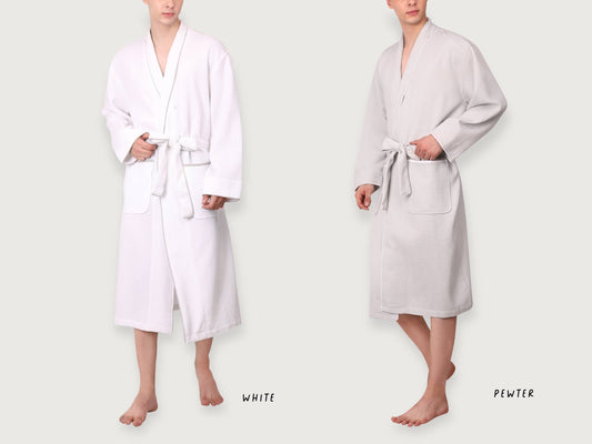 Men's Organic Waffle Weave Spa & Bath Robe (2 Colors): White / Pewter / L/XL