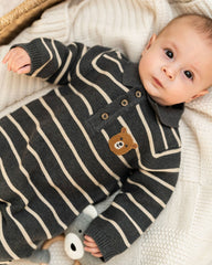 Bear Face Stripe & Collar Knit Baby Jumpsuit (Organic) : Charcoal / 3-6M