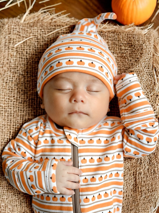 Pumpkin Stripe / Organic Beanie: 0 - 3 mo.