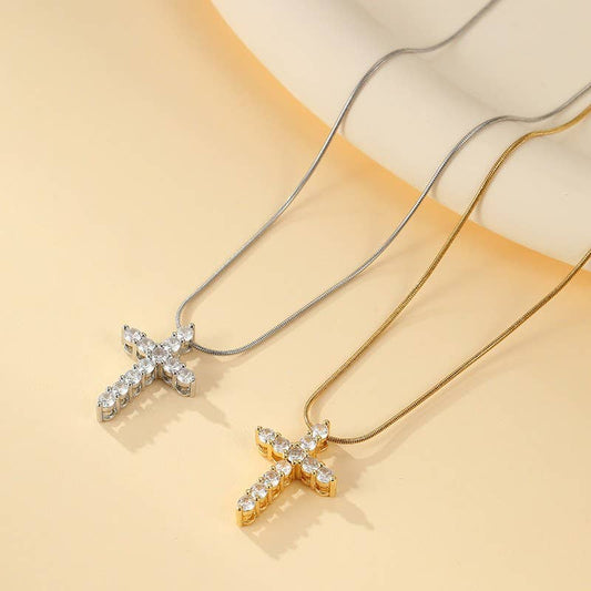18K Stainless Steel Cubic Zirconia Cross Necklace | Silver