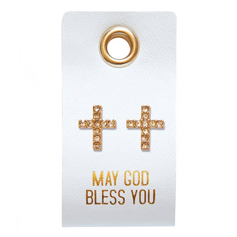 Leather Tag Earrings - Cross "May God Bless You"