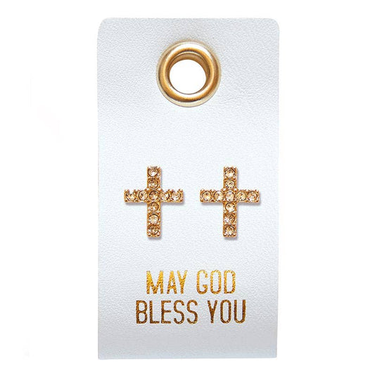 Leather Tag Earrings - Cross "May God Bless You"