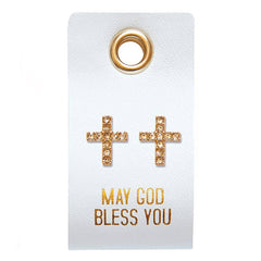 Leather Tag Earrings - Cross "May God Bless You"