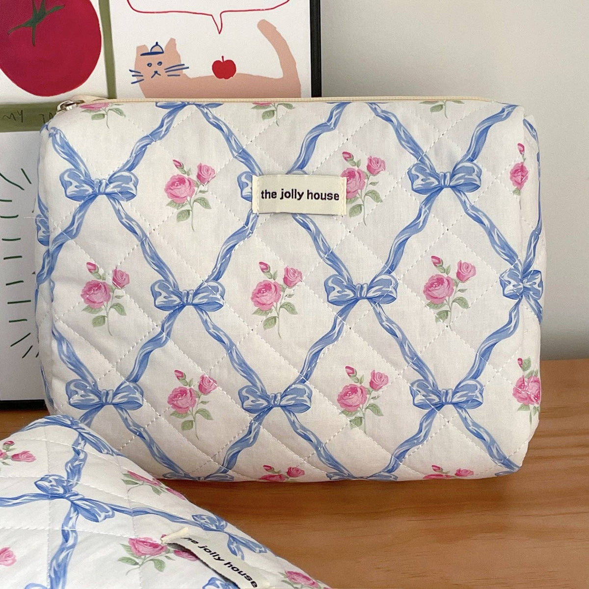Bow Print Soft Make Up Bag: Blue: Medium