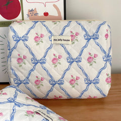 Bow Print Soft zipper Lid Make Up Bag: Pink / Large